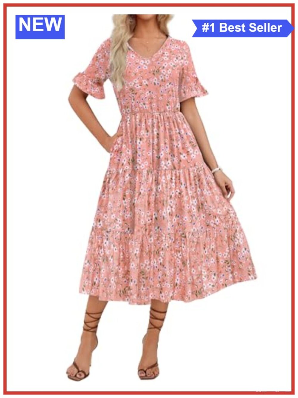 Floral Midi Dress with Pockets - Ruffle Sleeve V-Neck Flowy Beach Dress